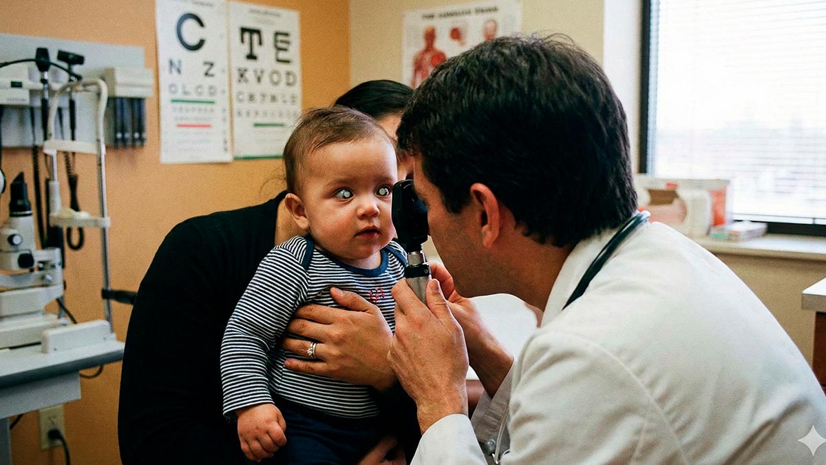 Oftalmologista realizando exame ocular em bebê para diagnóstico de catarata congênita