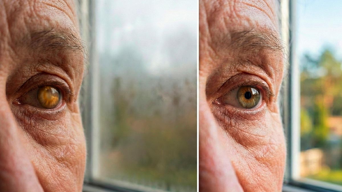 Comparação da visão com catarata e visão mais nítida após avaliação oftalmológica